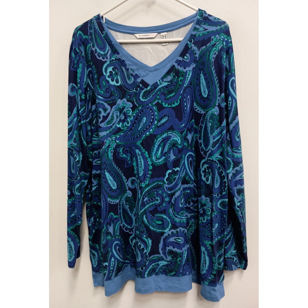Isaac Mizrahi Live BOHO Top Womens 1X Blue Paisley Long Sleeve V-Neck